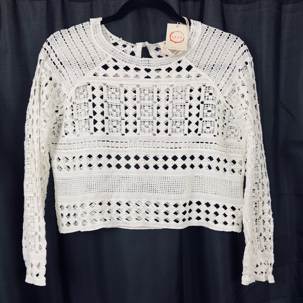 Raga - Open Knit Cotton Crocheted Crop Top 3/4 Sleeves Eggshell White   …